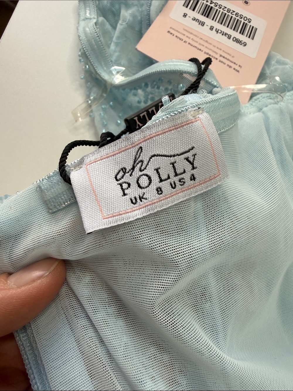 Light Blue Long-Sleeve Beaded Tulle Mini Dress Oh Polly Calliope - Picture 8 of 9